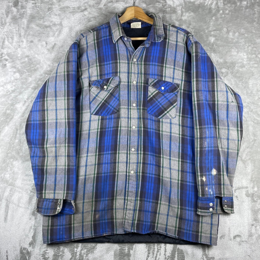 Vintage Five Brother Flannel Shirt Men XL Blue Plaid Quilt Lined Distressed USA
